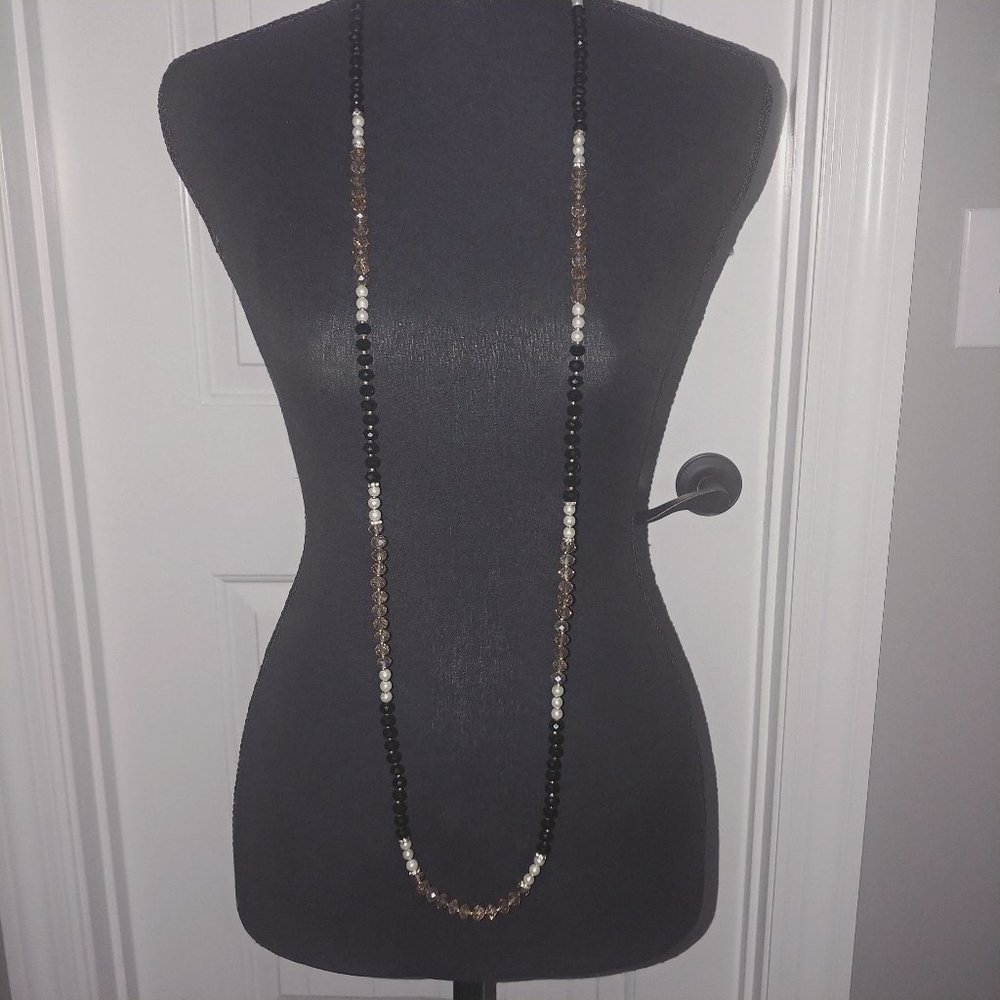 WHBM 54 inch Necklace - Black and Champagne Crystals with White Pearls